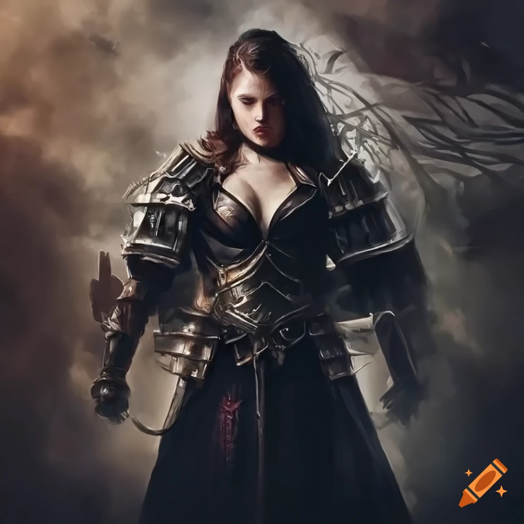 Image of a female warrior in armor surrounded by mist