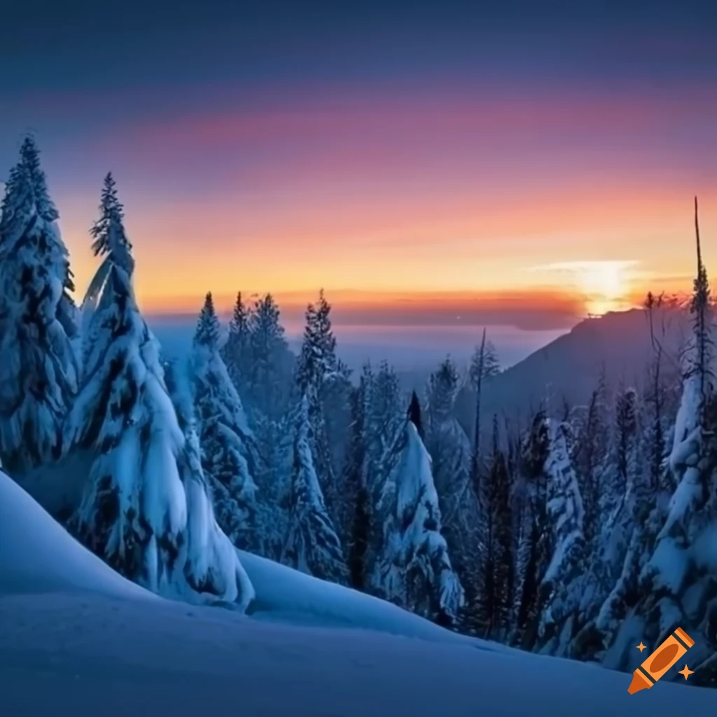 winter forest sunset on a cliff
