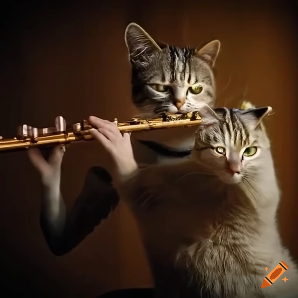 Image of a man playing flute surrounded by cats on Craiyon