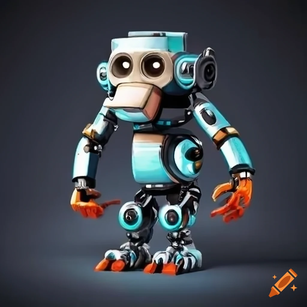 fantasy artwork of a robot monkey with a hammer