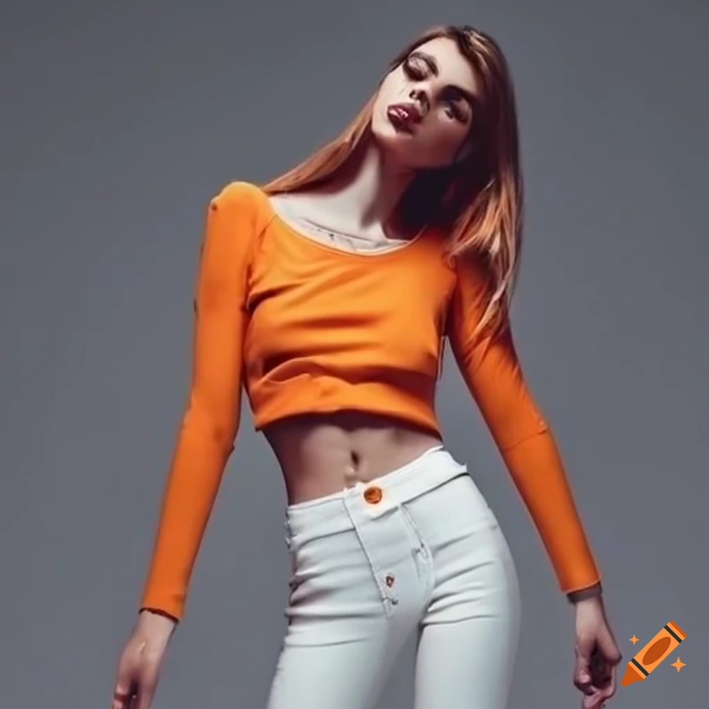 Woman wearing white skinny jeans and orange crop top