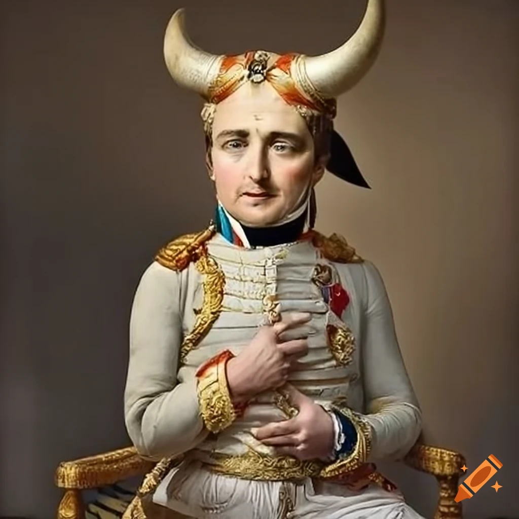 Napoleon bonaparte in egypt with bull horn hat on Craiyon