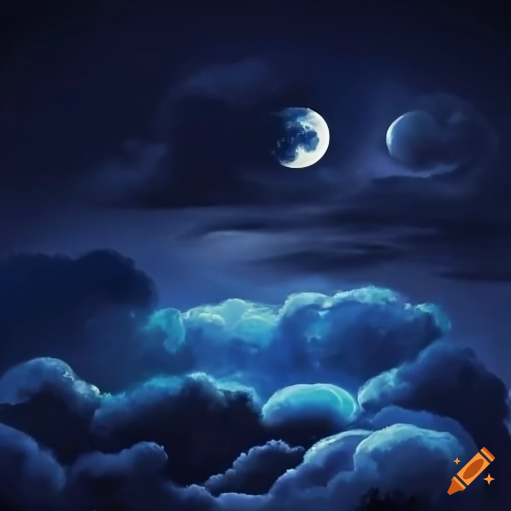Moon shining behind dark storm clouds at night
