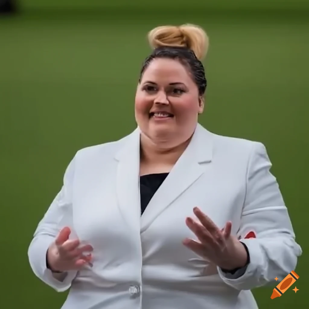 woman politician in a white tuxedo