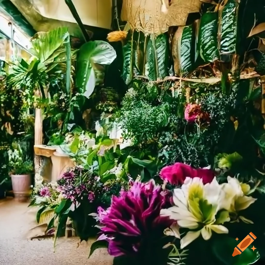 Lush tropical flowers in a vibrant flower shop on Craiyon