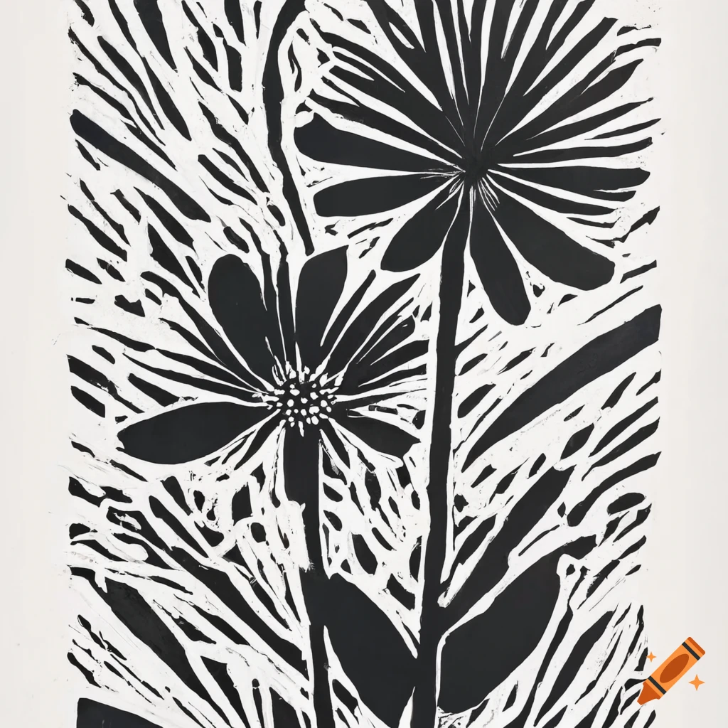 Black and white lino print of plant foliage