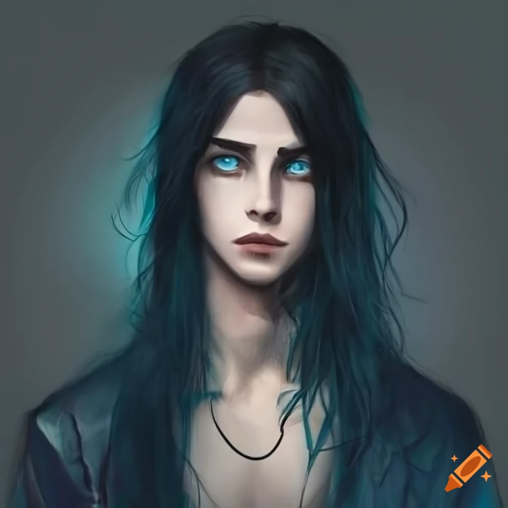 portrait of a person with blue eyes and long black hair
