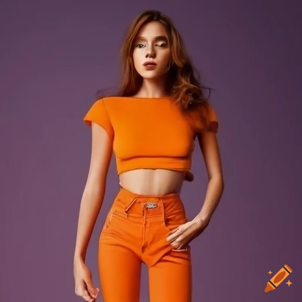 Orange skinny jeans and crop top outfit