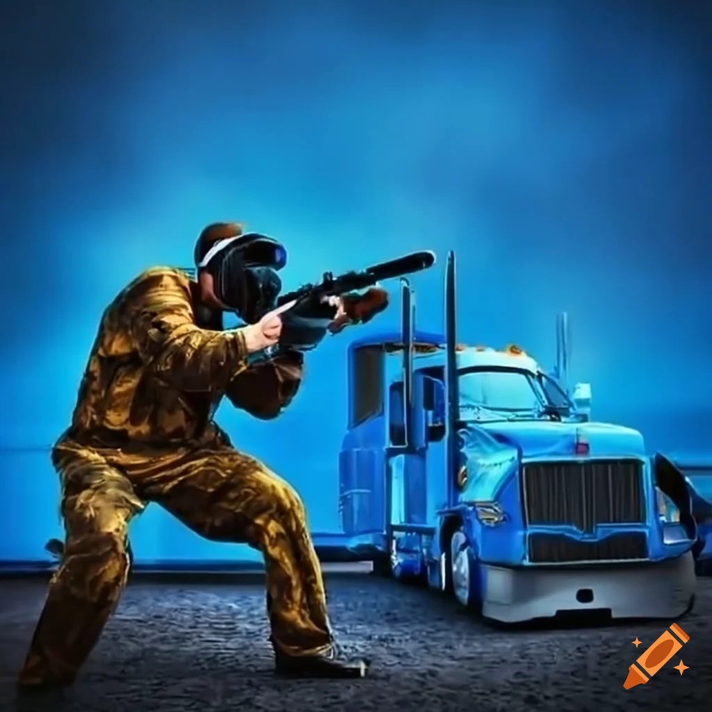 paintball players with blue trucks in the background
