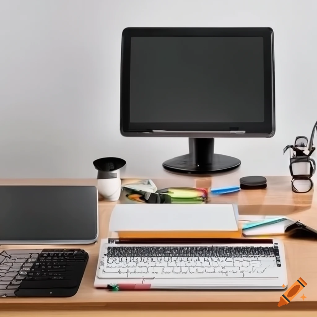 organized desk with notebooks, pens, and computer monitor