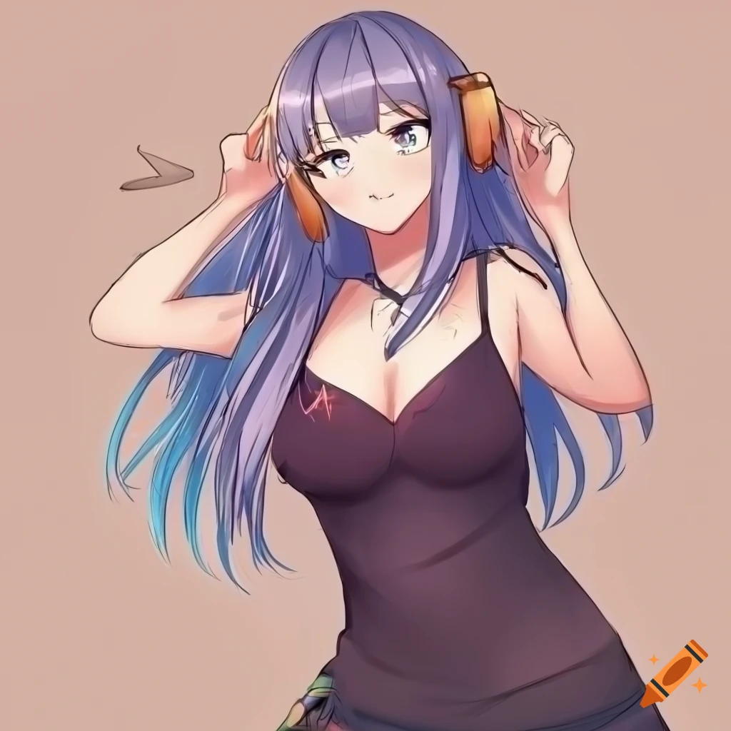 Cute anime girl with purple hair with blue highlights and green eyes on  Craiyon