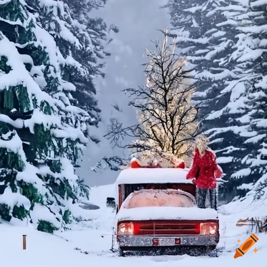 Taylor Swift loading Christmas trees onto a truck in the snow