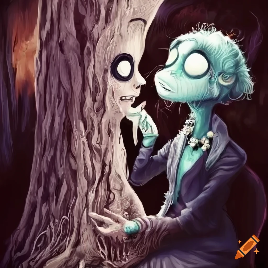 ilustración de una pareja de ancianos leyendo un libro en estilo Tim Burton