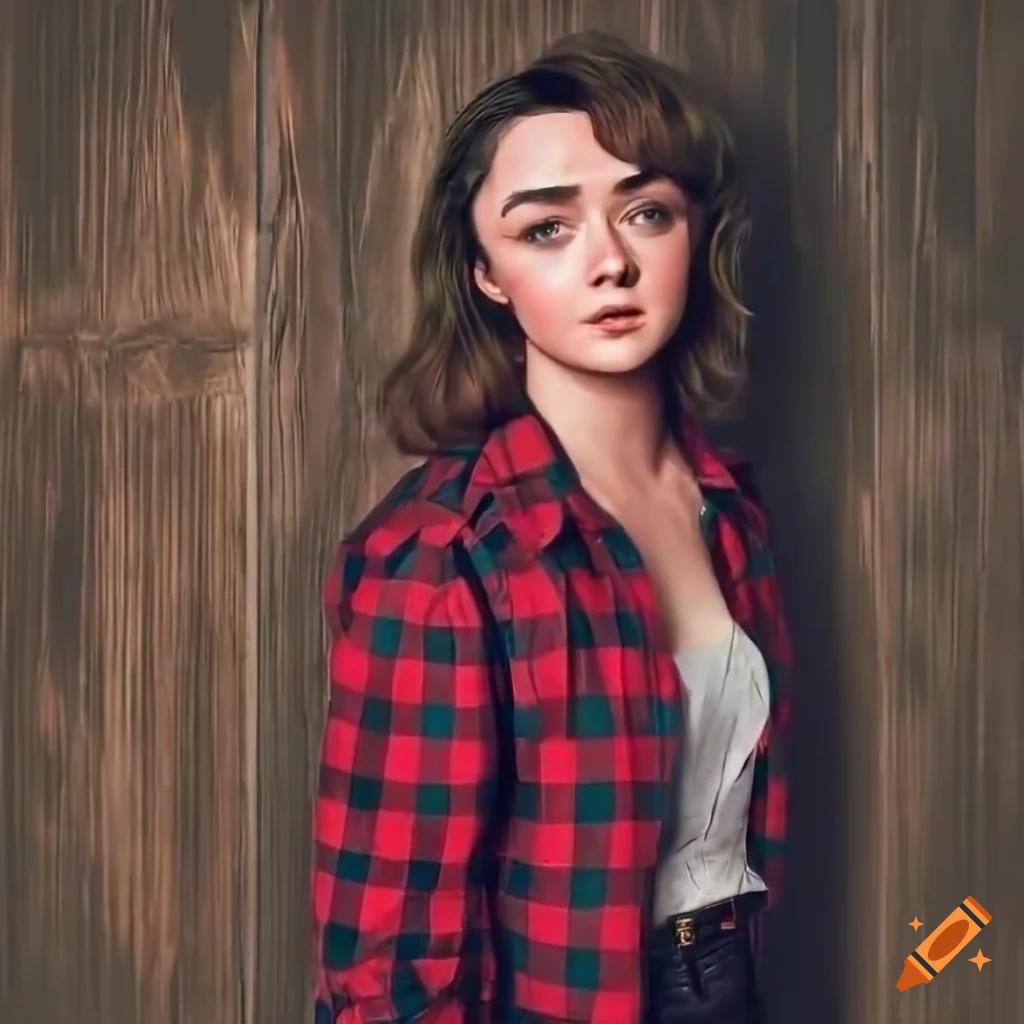 Maisie williams in red plaid shirt and black leather trousers