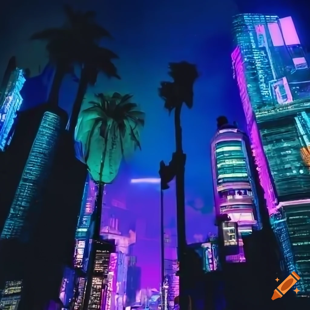 Photo of palm trees with a cyberpunk city backdrop