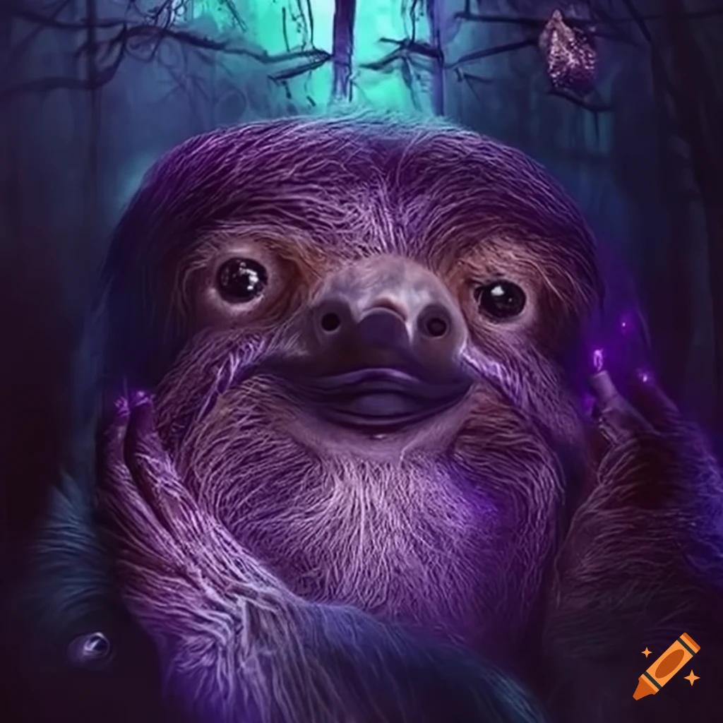 Surreal artwork of a sloth wizard in a battlefield on Craiyon
