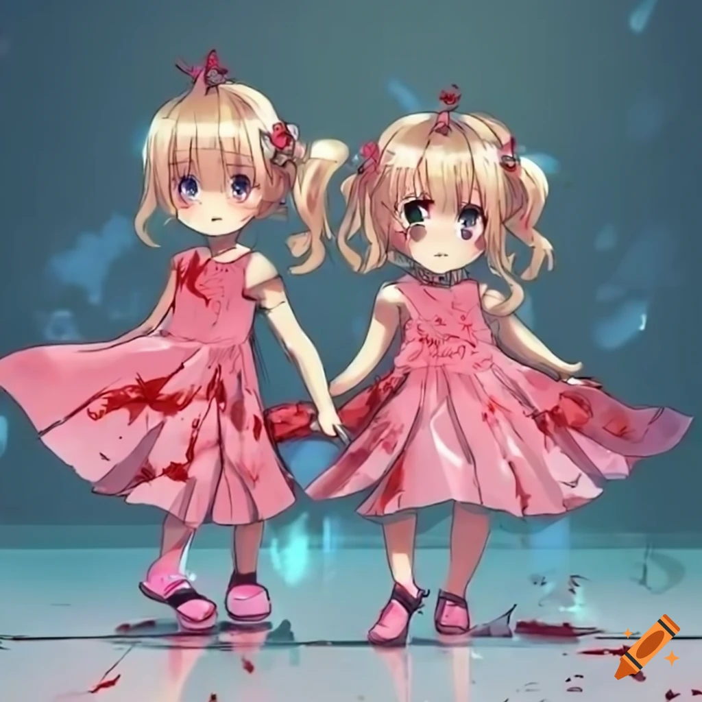 Two twin girls holding hands on a glass floor