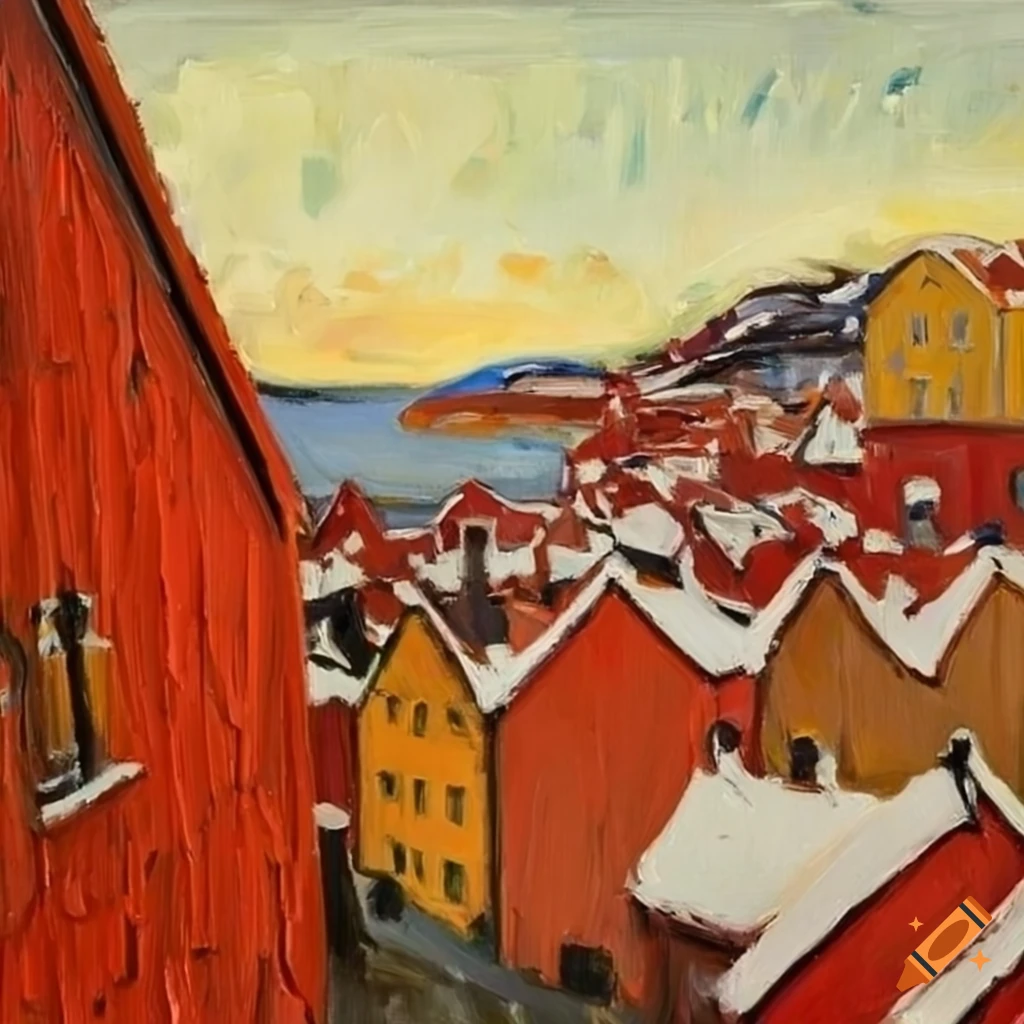 oil painting of a rooftops view in a Norwegian coastal town