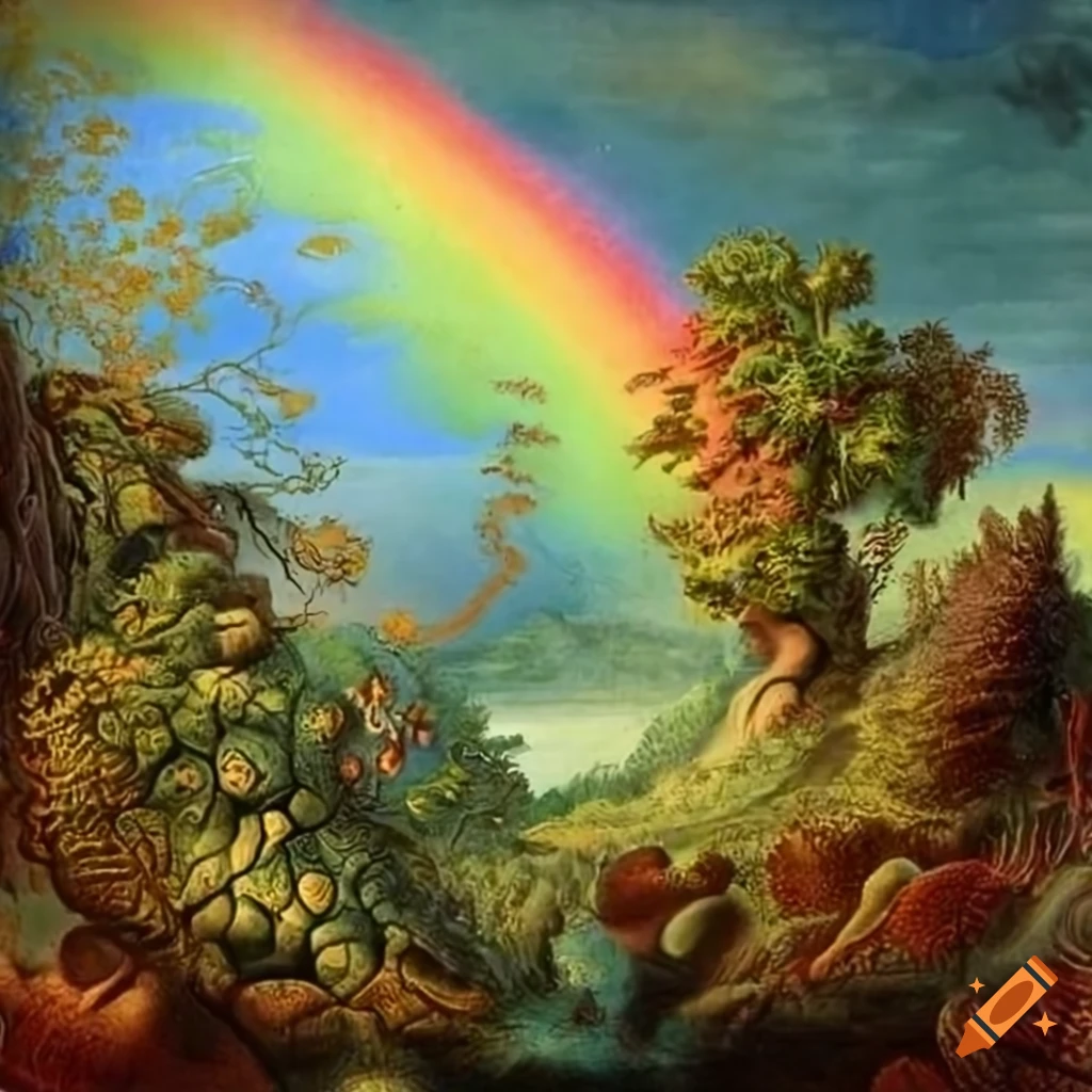 colorful Ernst Haeckel oil painting of a unicorn in a fictional landscape with a rainbow