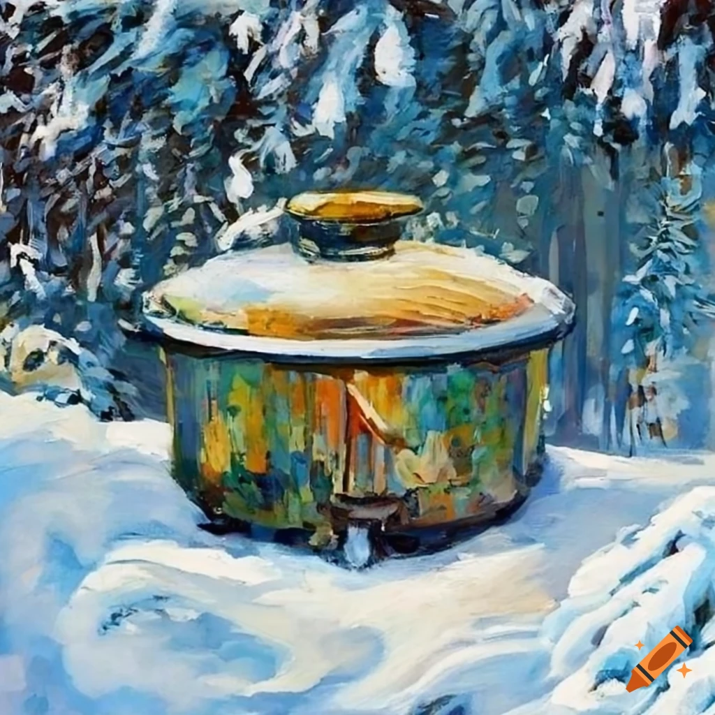 impressionism art of a rice cooker in a winter forest