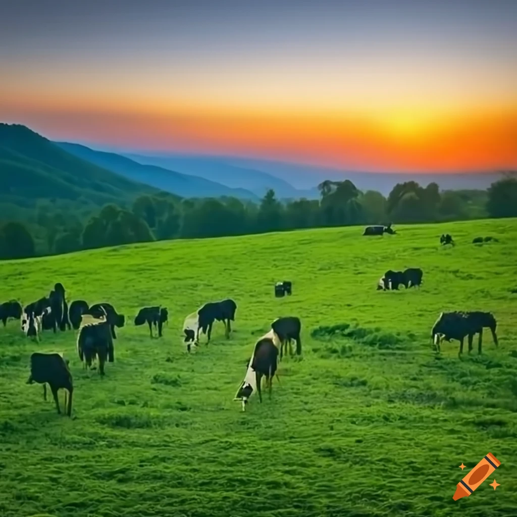 Serene landscape with green fields and grazing cattle on Craiyon