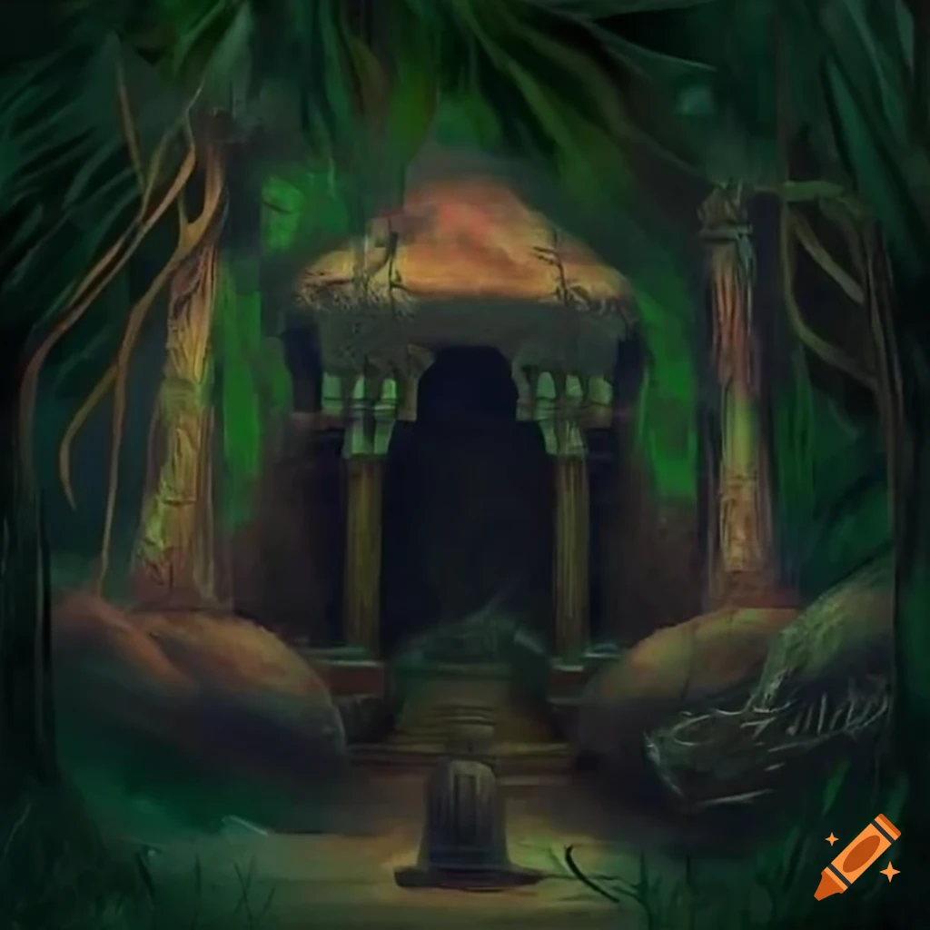 image of an ancient temple in the jungle with a skeleton