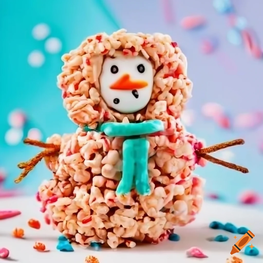colorful snowman-shaped rice krispy treats with candy