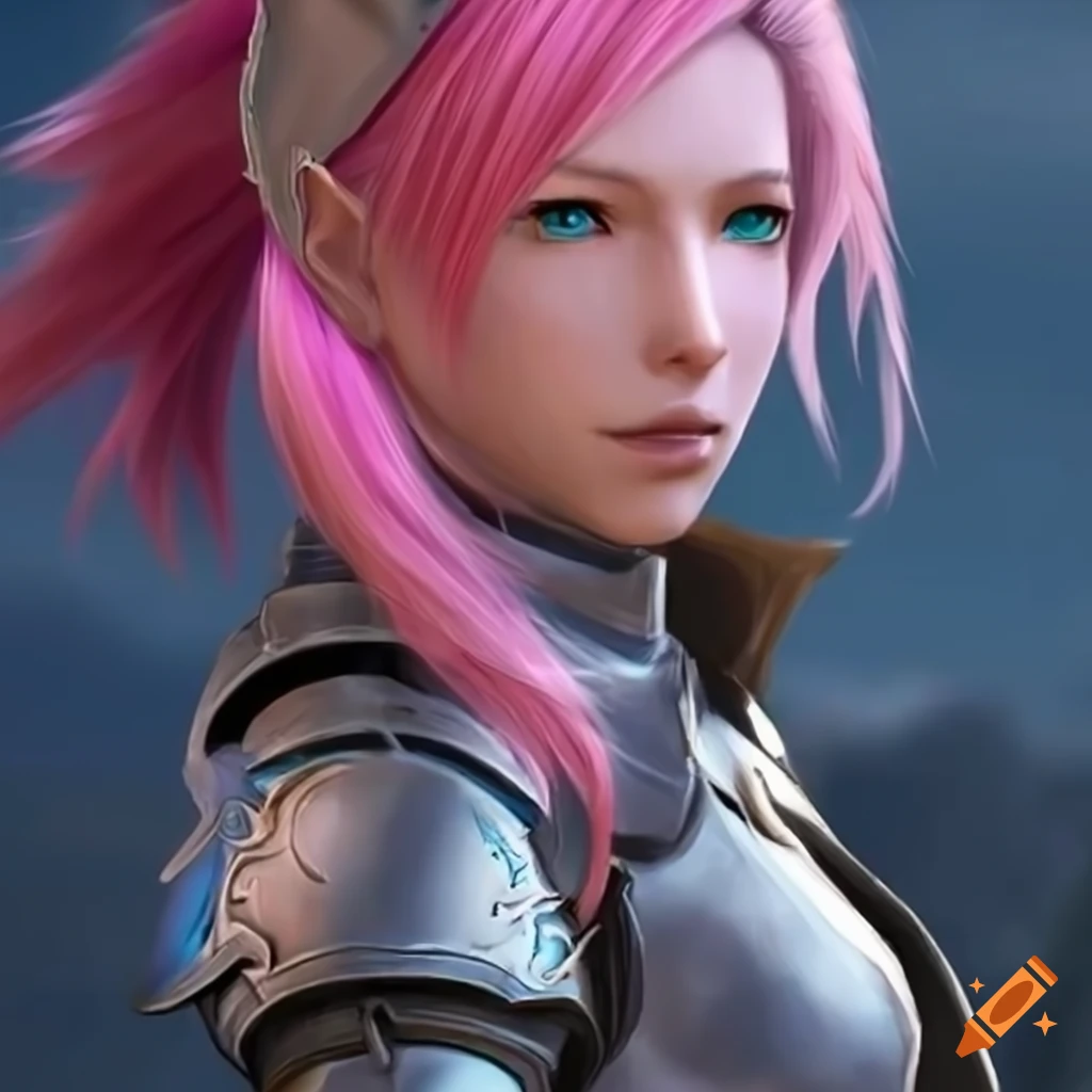 pink-haired female paladin riding a gray horse