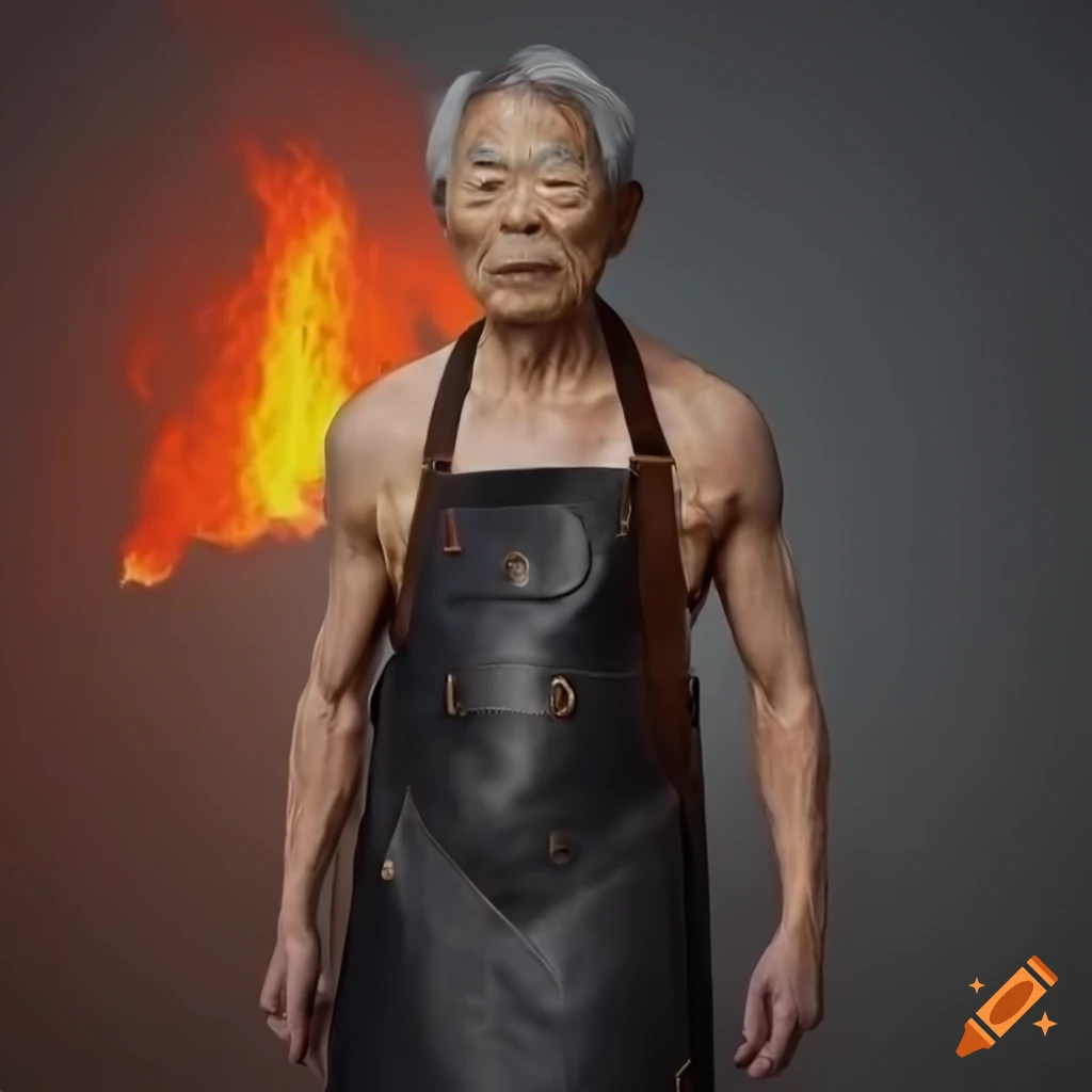 Portrait of a mature japanese man in a leather apron on Craiyon