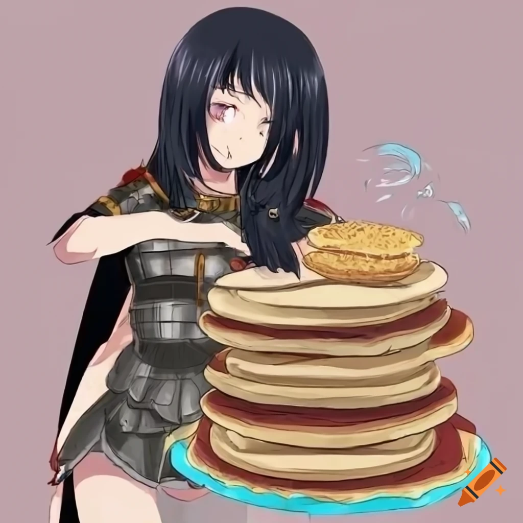 Illustration of a tall anime girl in roman armor with pancakes on Craiyon