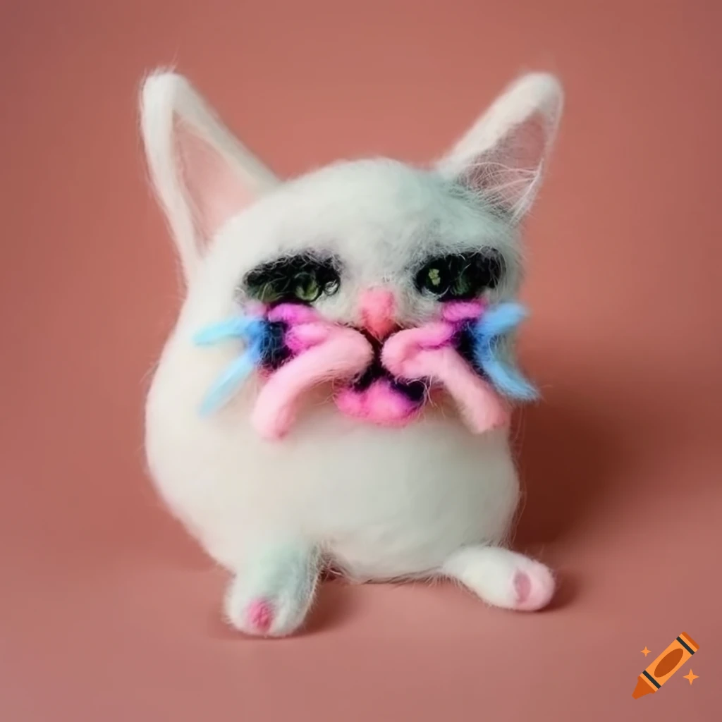 A felted cat shedding tears
