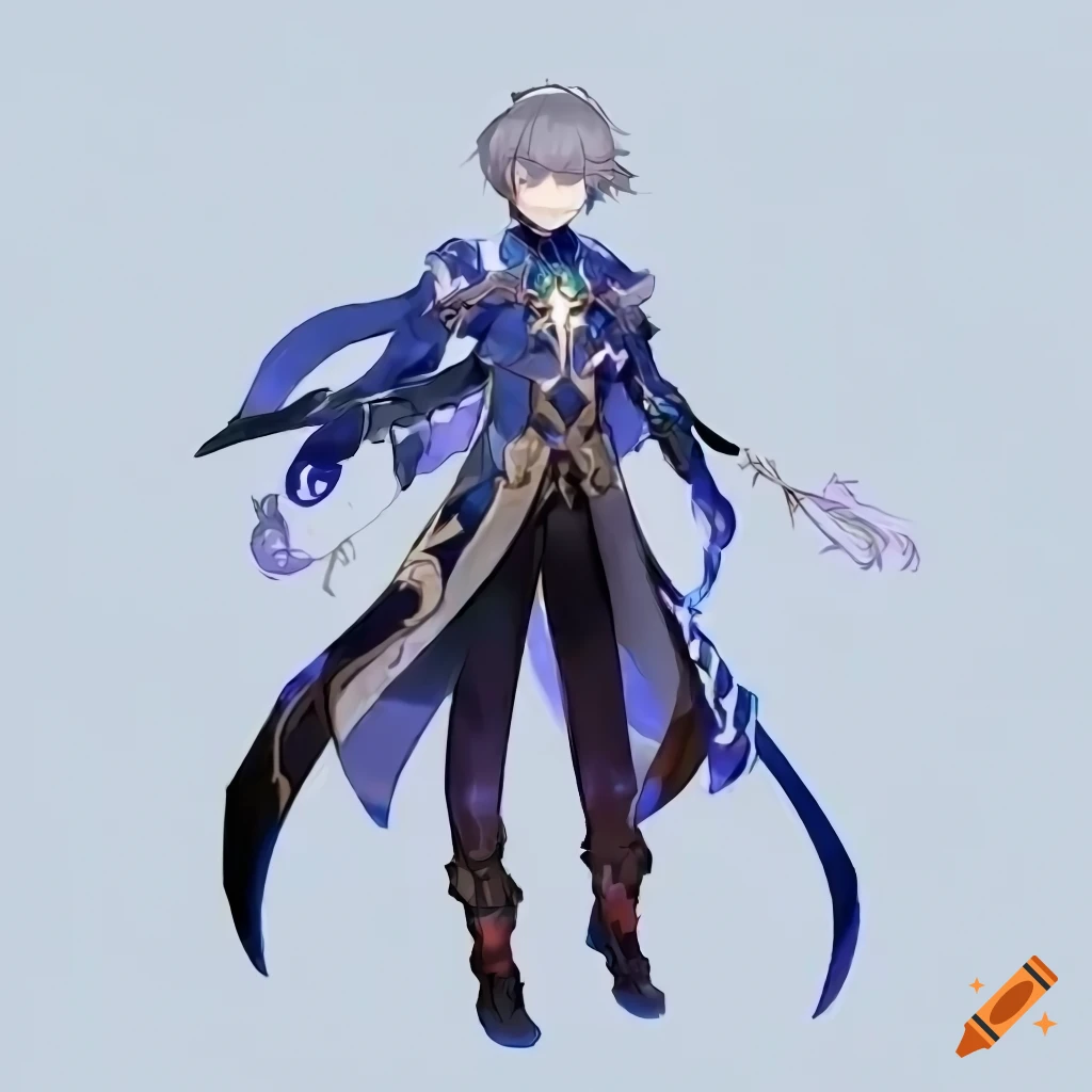 Character design of a male magician with gray hair and blue streak 