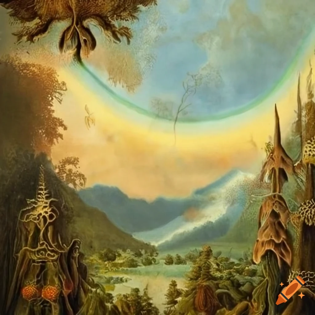colorful Ernst Haeckel oil painting of a rainbow over a fictional landscape with a gryphon