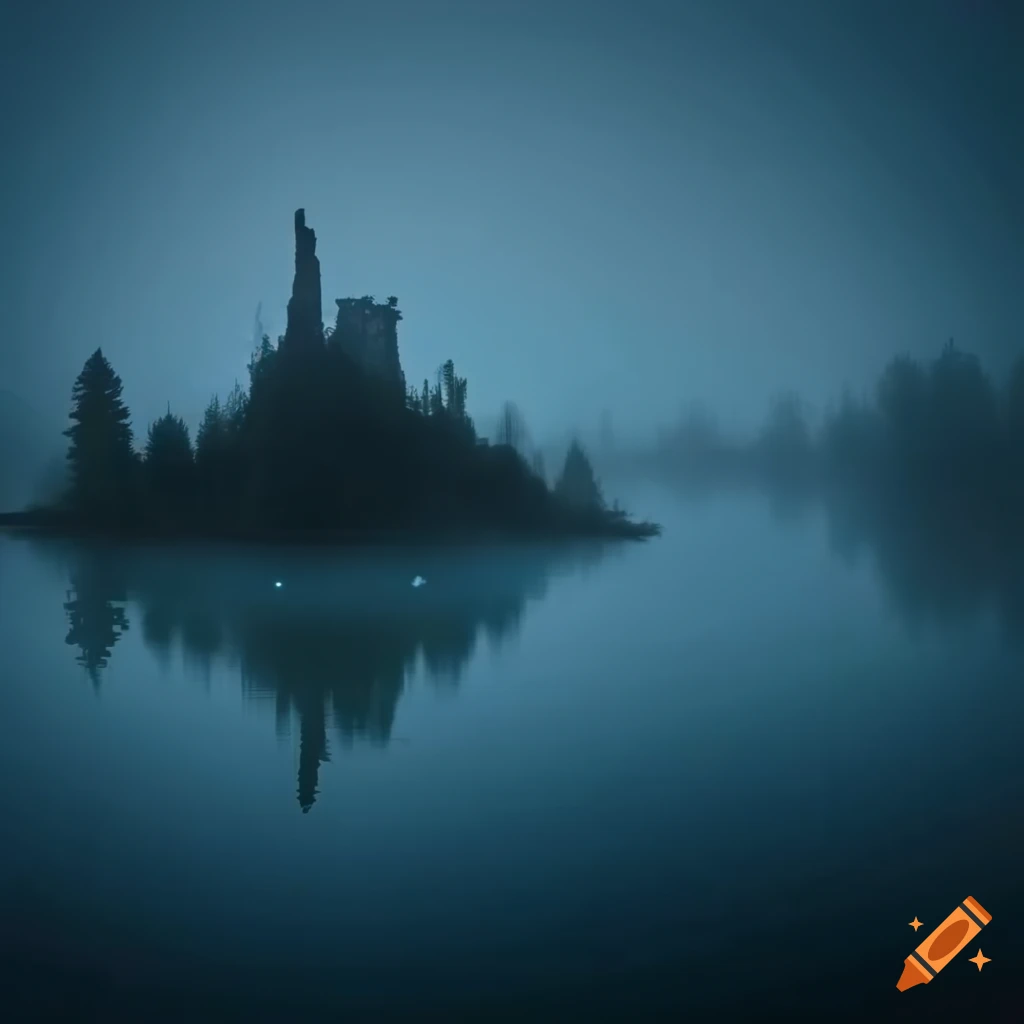 Mysterious island ruins in the foggy night on Craiyon
