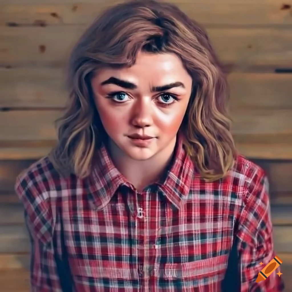 Maisie williams in red plaid shirt and black leather trousers on Craiyon