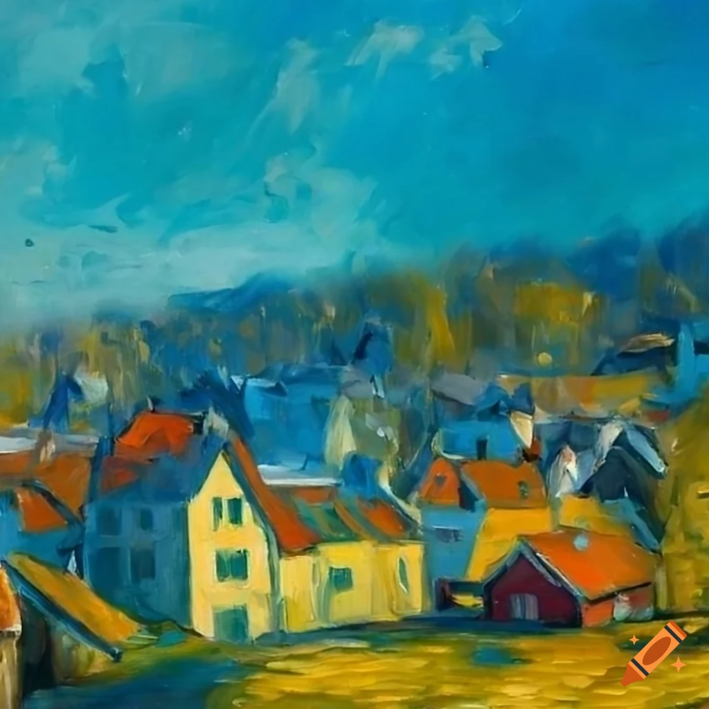 oil painting of a Norwegian coastal town from bird's eye view