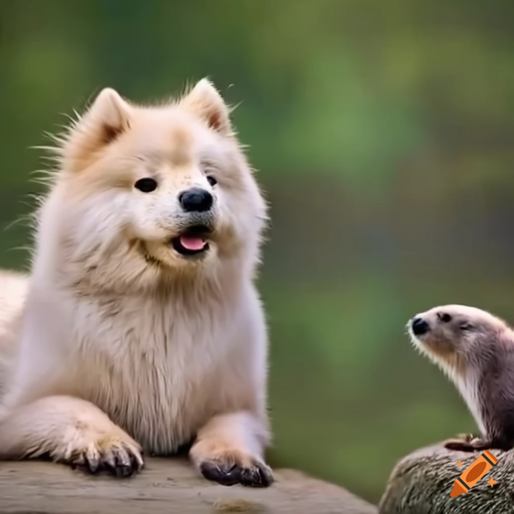 cute otter cuddling with a samoyed dog