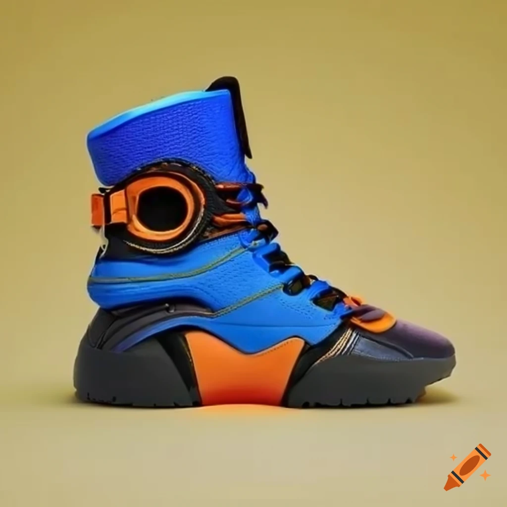 Orange, black, blue and yellow futuristic sneakers boots on Craiyon