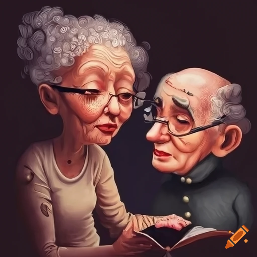 Ilustración de una pareja de ancianos leyendo un libro