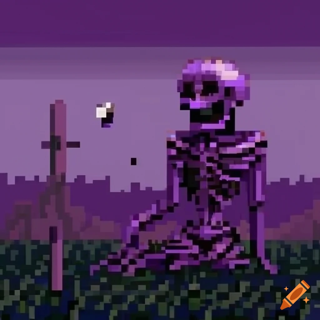 pixel art of a purple skeleton in a field