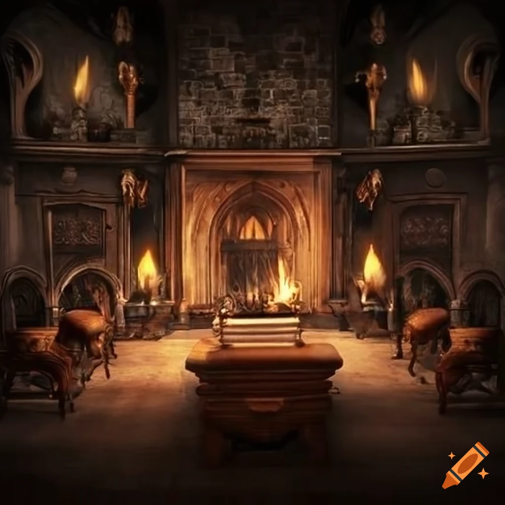 Gothic den with fireplace and leather chairs on Craiyon