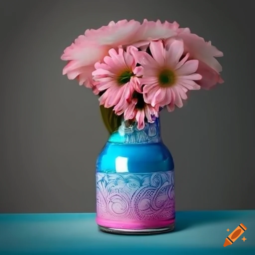 vase of flowers in a pink and blue soda can