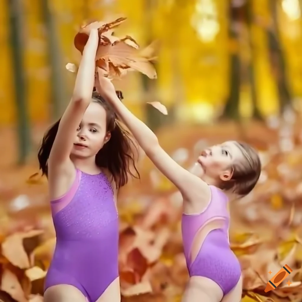 girls twirling in colorful leotards among falling leaves