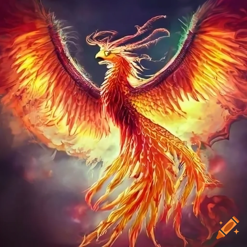 Illustration of a phoenix rising from the ashes on Craiyon