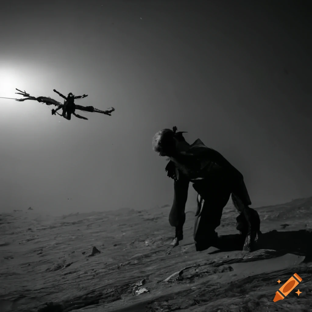 silhouette in a post-apocalyptic landscape with fighter planes