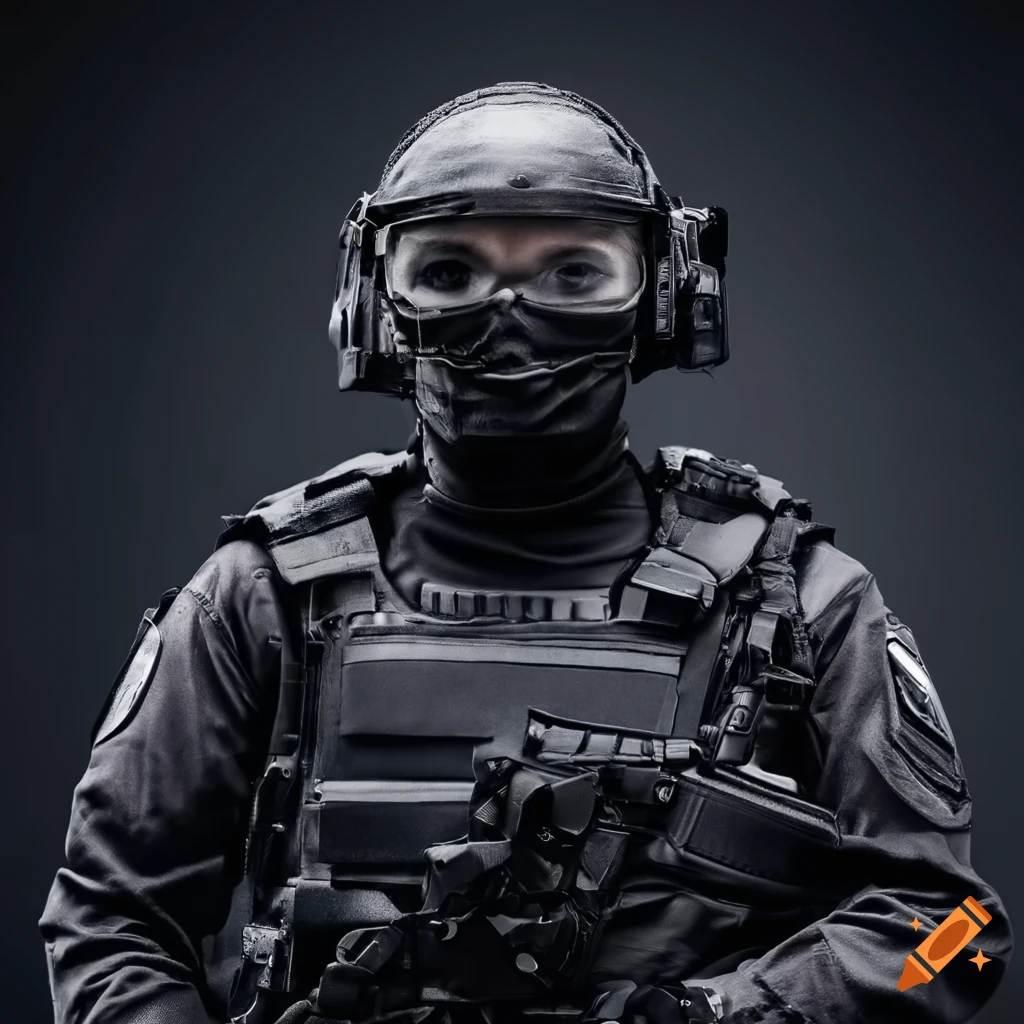 Portrait of police special forces officer in tactical gear on Craiyon