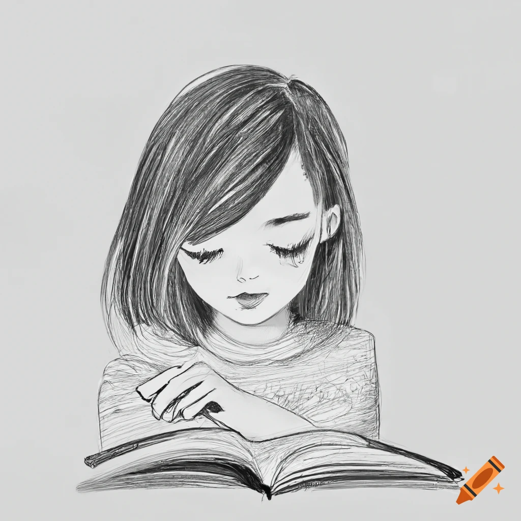 Sketch girl read book. Woman line drawing. Poet Art. Writer