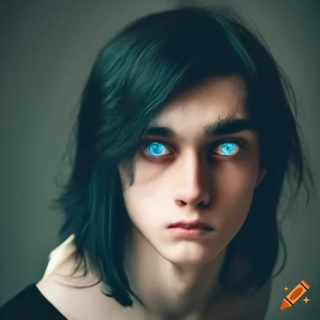 Portrait of a young man with blue eyes and long black hair