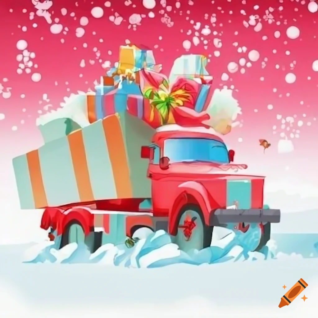 festive illustration of Santa's gifts being transported
