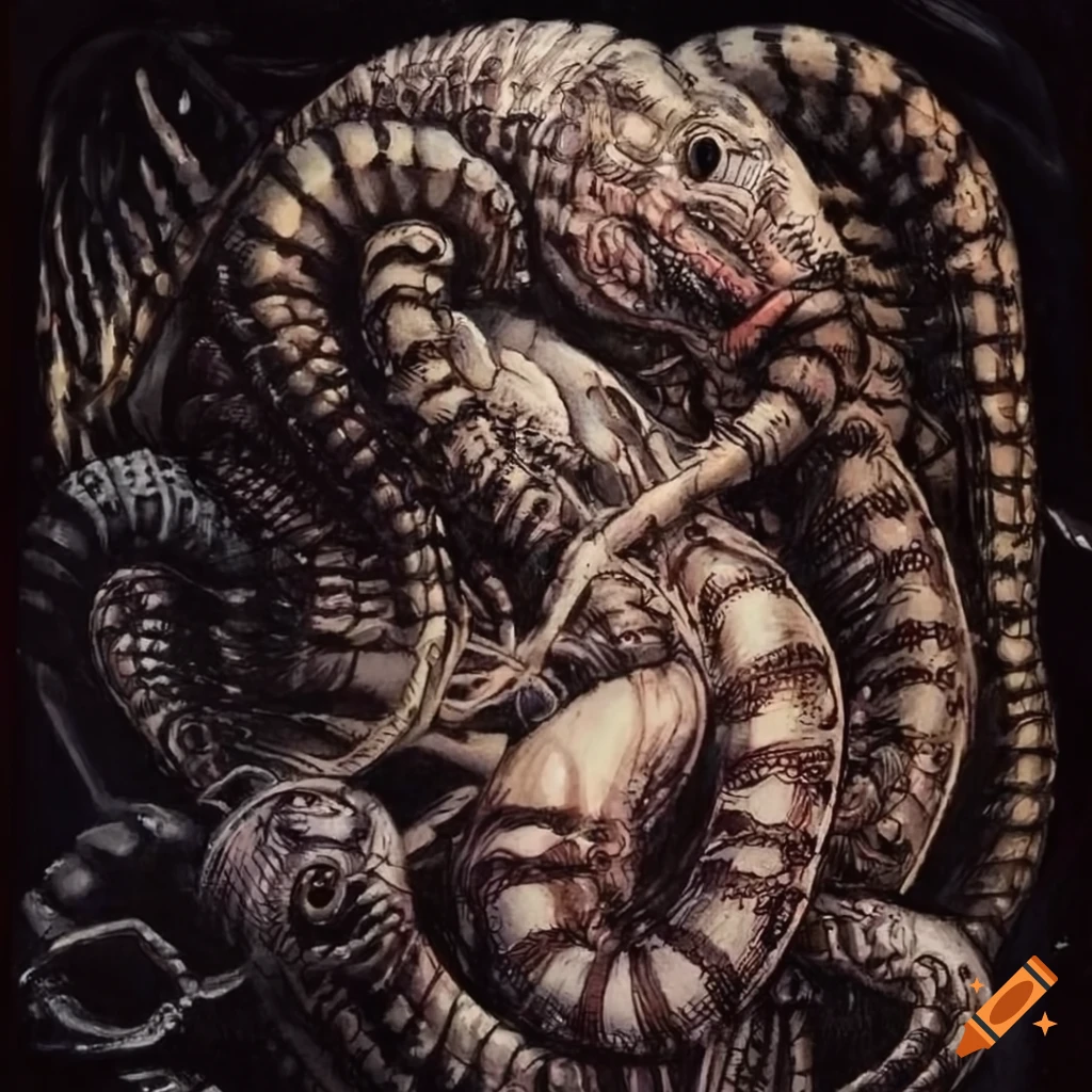intricate Japanese ink artwork with snake eyes